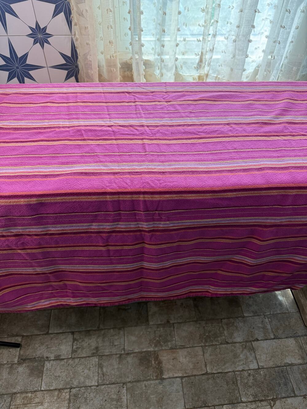 Vintage Pink Striped 100% Cotton Woven Tablecloth Made in India Decor